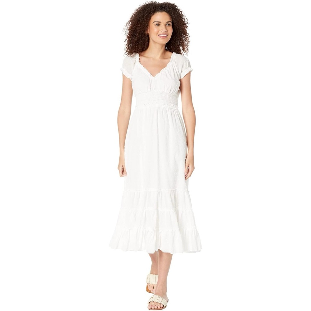 NWT Betsey Johnson Cotton Clip Dot Smocked Puff‎ Sleeve Optic White Midi Dress